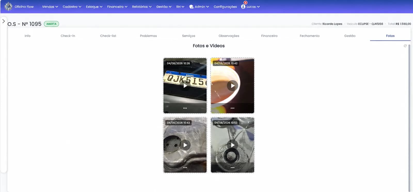 Aba de fotos e vídeos de uma ordem de serviço